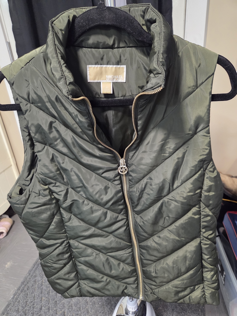 Michael Kors Olive Quilted Puffer Vest with Gold Zipper
